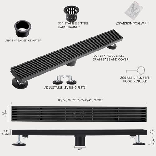 24 Inch Linear Shower Drain, Matte Black Shower Drain, Removable Grate, 304 Stainless Steel, Easy to Install and Clean for Bathrooms (Drain Base Not Included), LSD-15B-24B - size: 24 inch