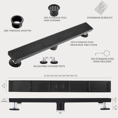 24 Inch Linear Shower Drain, Matte Black Shower Drain, Removable Grate, 304 Stainless Steel, Easy to Install and Clean for Bathrooms (Drain Base Not Included), LSD-15B-24B - size: 24 inch