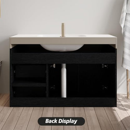 36" Floating Bathroom Vanity with Sink, Modern Wall Mounted Floating Vanity Cabinet with Double Soft-Close Doors and 2 Drawers, Ceramic Sink and Faux Marble Top, White - color: White
