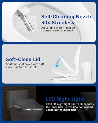 Heated Smart Toilet Seat with Feminine Wash & Dryer, Elongated Bidet with Adjustable Water Temperature, Pressure & Nozzle Position