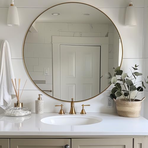 ANDY STAR Gold Round Mirror, Large Brushed Gold Round Bathroom Mirror, Brass Circle Mirror 32 inch, Modern Vanity Mirror in Stainless Steel Metal Frame for Home Decor, Entryway, Living Room - color: Gold, size: 32"L x 32"W