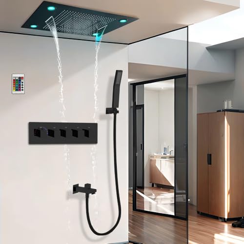 Cascada Classic Design 31 Inch (600mmx800mm) Large Rain Shower Set with Waterfall LED Rectangle recessed ceiling-mount 4 Function shower head (Matt Black) - color: Matt Black
