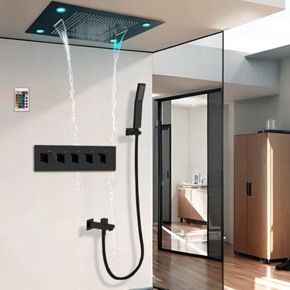 Cascada Classic Design 31 Inch (600mmx800mm) Large Rain Shower Set with Waterfall LED Rectangle recessed ceiling-mount 4 Function shower head (Matt Black) - color: Matt Black