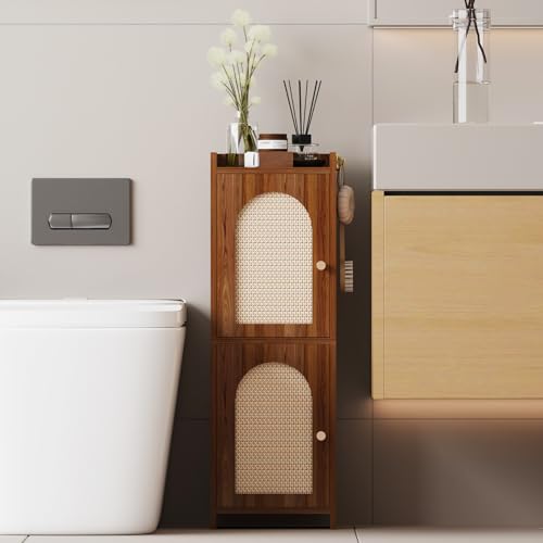 Arbuxzuy Rattan Bathroom Storage Cabinet with 2 Doors and Adjustable Shelf | Brown Corner Floor Cabinet, Narrow Toilet Paper Cabinets with 2Hooks,Toilet Organizer for Small Spaces, 7.87"D*9.84"W*29.72"H - color: Brown-rattan