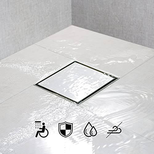 SaniteModar Shower Drain 6 inch Brushed with Flange Tile Insert Panel | AISI 304 Stainless Steel Square Shower Drain Shower Floor Square Drain with Hair Strainer and Lifting Hook