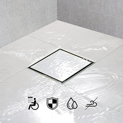 SaniteModar Shower Drain 6 inch Brushed with Flange Tile Insert Panel | AISI 304 Stainless Steel Square Shower Drain Shower Floor Square Drain with Hair Strainer and Lifting Hook