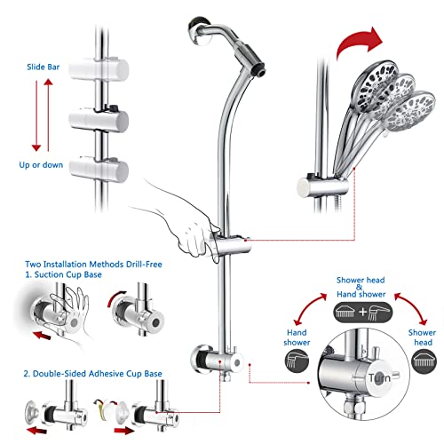 Rainfall 8 Inch Shower Head with High Pressure Handheld Spray Combo, Drill-Free Slide Bar with Adjustable Shower Extension Arm, 3-Way Low Diverter for Easy Reach, 5Ft Hose- Chrome - color: Polished Chrome