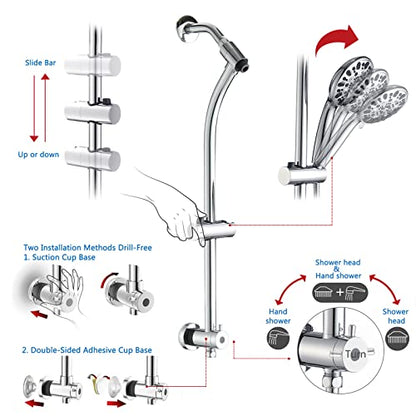 Rainfall 8 Inch Shower Head with High Pressure Handheld Spray Combo, Drill-Free Slide Bar with Adjustable Shower Extension Arm, 3-Way Low Diverter for Easy Reach, 5Ft Hose- Chrome - color: Polished Chrome