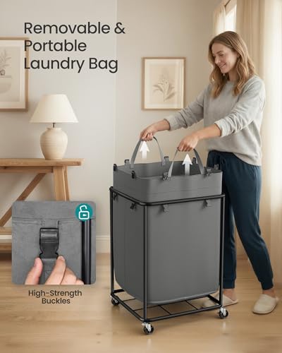 SONGMICS Laundry Basket with Wheels, Rolling Laundry Hamper with Steel Frame, Removable Liner Bag,45 Gallon (170 L), Slate Gray URLS031GN01 - color: Slate Gray, size: 170L-Rectangular
