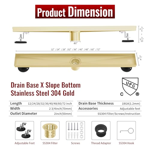 Linear Shower Drain, 24 inch Brushed Gold | Including Hair Catcher and Removable Grate, 304 Stainless Steel, Easy to Install and Clean (Drain Base Not Included) - color: Brushed Gold, size: 24 inch