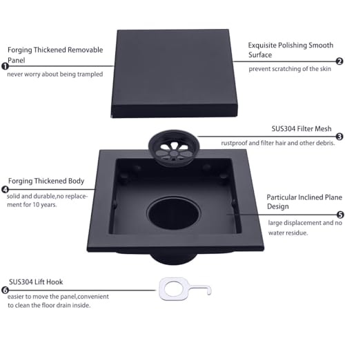 RANDOM Black Shower Drain Square with Removable Tile Insert 6 Inch Drain Cover and Hair Strainer,SUS 304 Stainless Steel Matte Black Shower Floor Drain - color: D-matte Black-6″ Square