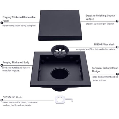 RANDOM Black Shower Drain Square with Removable Tile Insert 6 Inch Drain Cover and Hair Strainer,SUS 304 Stainless Steel Matte Black Shower Floor Drain - color: D-matte Black-6″ Square