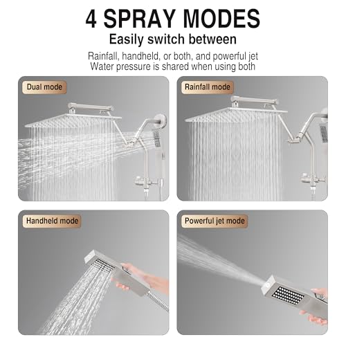 All Metal 10 Inch Rain Shower Head with Handheld Built-in Power Wash Mode, High Pressure Waterfall Rainfall Square Shower Heads with 16" Adjustable Extension Arm, Dual Showerhead(Brushed Nickel) - color: Brushed Nickel, size: 10 Inch