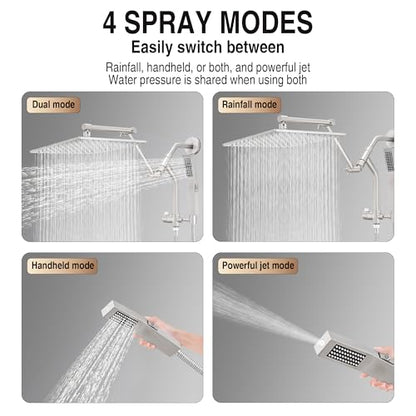 All Metal 10 Inch Rain Shower Head with Handheld Built-in Power Wash Mode, High Pressure Waterfall Rainfall Square Shower Heads with 16" Adjustable Extension Arm, Dual Showerhead(Brushed Nickel) - color: Brushed Nickel, size: 10 Inch