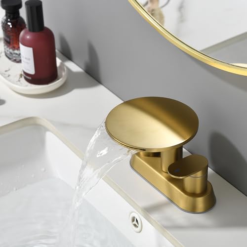 Brushed Gold Bathroom Sink Faucet 3 Hole | Waterfall Bathroom Faucet 4 Inch Centerset with Pop-Up Drain，2 Handle Stainless Steel Faucets for Bathroom Sink Vanity RV