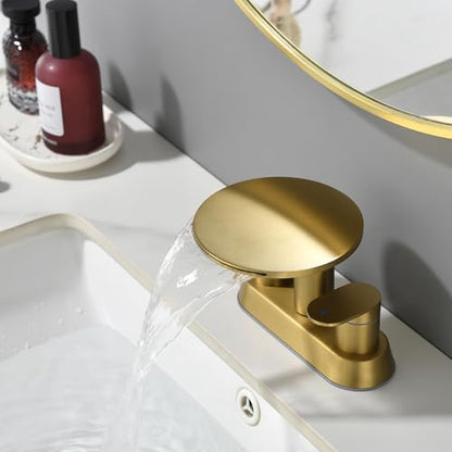 Brushed Gold Bathroom Sink Faucet 3 Hole | Waterfall Bathroom Faucet 4 Inch Centerset with Pop-Up Drain，2 Handle Stainless Steel Faucets for Bathroom Sink Vanity RV