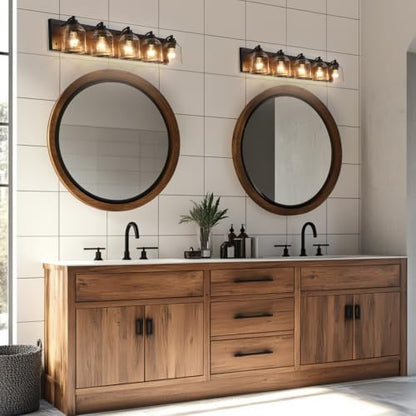5-Light Bathroom Vanity Lights Large 40" with Bubble Glass Shades | Farmhouse Rustic style, Hand-Painted Brown Wood-Grain Metal Backplate, E26 Ceramic Socket, UL&ETL, mount up/down, over mirror - color: Brown, size: 5-Light