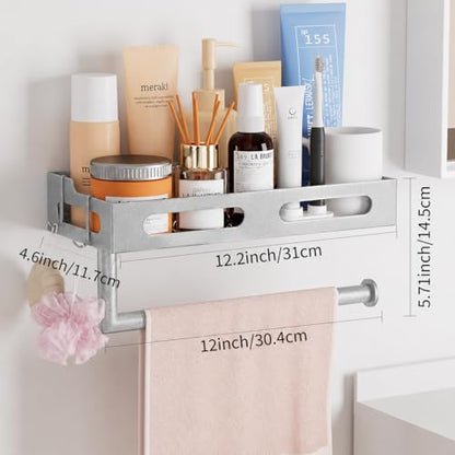Silver Paper Towel Holder Wall Mount with Shelf, Easy One Hand Tear, Adhesive Glue or Drill Mount Hanging Paper Towel Holder with Shelf for Kitchen/Bathroom/RV, Metal, 4 Hooks - color: Silver