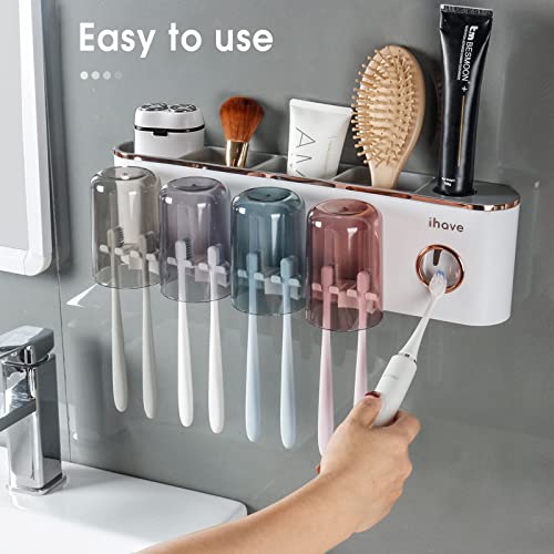iHave Toothbrush Holders for Bathrooms Wall Mounted with Dispenser & 4 Cups | 12 Slots Wall Mount Toothbrush Holders for Bathrooms with Squeeze Toothpaste Dispenser, 4 Cups & 4 Compartments Organizer - color: White 4 Cups