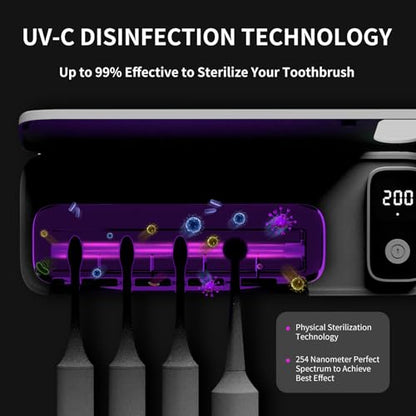 Toothbrush Sanitizer and Holders, UV Toothbrush Sanitizer Holder for Bathroom with 5 Slot, Timer Function, 2000mAh Rechargeable Toothbrush Cleaner Holder Wall Mounted Without Drilling