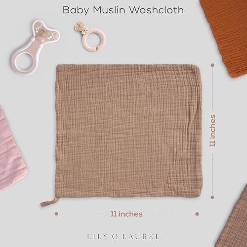 Muslin Baby Washcloths for Newborns, Pack of 8, 11"x11", Super Soft Cotton, Absorbent and Gentle, Baby Cotton Wipes, Baby wash Cloths - color: Brown