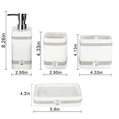 CAA'S Bathroom Accessories Set Ceramic 4 Pieces Bathroom Ensemble for Bath Decor Includes Lotion Dispenser Toothbrush Holder Tumbler Soap Dish (White Inlaid Zircon) - style: Luxurious