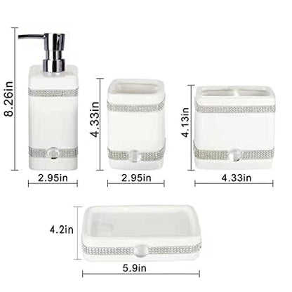 CAA'S Bathroom Accessories Set Ceramic 4 Pieces Bathroom Ensemble for Bath Decor Includes Lotion Dispenser Toothbrush Holder Tumbler Soap Dish (White Inlaid Zircon) - style: Luxurious