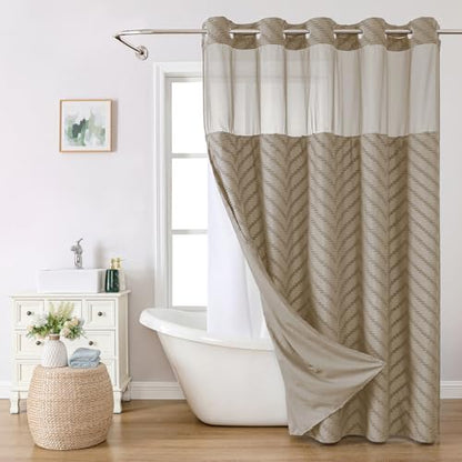 eachope No Hook Boho Farmhouse Shower Curtain with Snap-in Fabric Liner set-71Wx74H(72H),Beige Tufted Chevron Striped Hotel Grade Cloth Shower Curtains for Bathroom with Window,Water Repellent - color: Beige, size: 71"W x 74"L (Pack of 1)