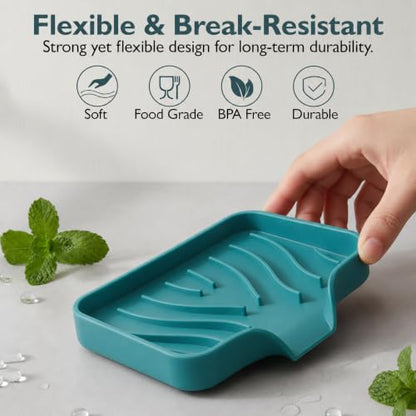 Self Draining Soap Dish with Drain Spout - Bar Soap Holder for Bathroom & Kitchen Sink - Flexible Non-Slip Silicone Soap Holder for Bar Soap, Sponge & Scrubber - 1 Pack