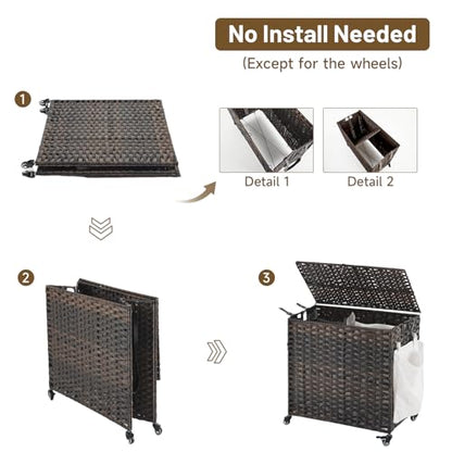 Laundry Hamper with Wheels, 34.3 Gallon(130L) Rolling Laundry Basket with Lid, Removable Large 2 Color Liners & 3 Mesh Laundry Bags, Clothes Hamper with Side Pocket, Brown - color: Brown, size: 23.62"L x 15.75"W x 21.65"H