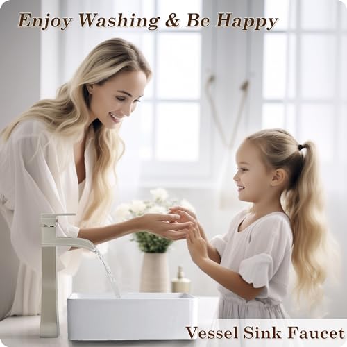 Brushed Nickel Bathroom Vessel Sink Faucet, 12 Inch Brass Waterfall Tall Bathroom Faucet 1 Hole with Drain, Single Handle for Countertop Vanity Modern Retro Farmhouse Bowl Sink, 5 Mins Install - color: Brushed Nickel - Modern