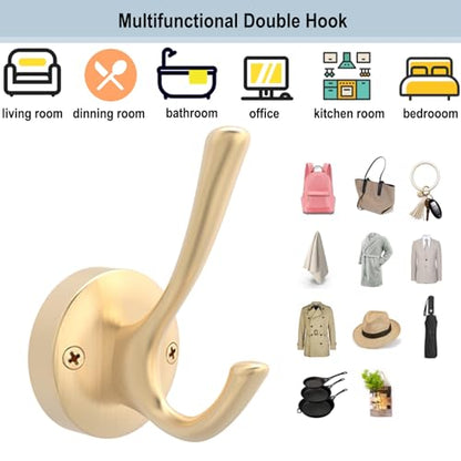 TOFIIGREM Gold Wall Hooks, 6 Pack Coat Robe Hook Heavy Duty Metal Double Bath Hook Wall Mounted, Hand Towel Hooks for Cubicle Bathroom Kitchen Closet Garage - color: Gold, size: 6 Pack