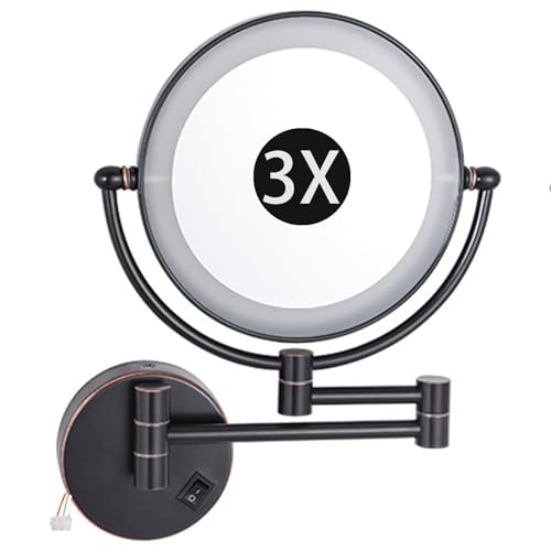 8" Wall Mounted Lighted Makeup Mirror, Hardwired Double Sided LED Magnifying Extended Arm 360° Swivel Bathroom Vanity Mirror,Oil Rubbed Bronze,3X - color: Oil Rubbed Bronze, size: 3X