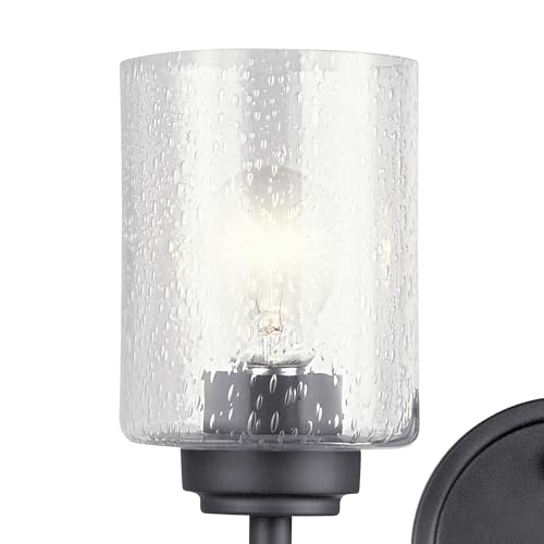 Kichler Winslow 2-Light Farmhouse Vanity Light, Black | Clear seeded glass vanity light with industrial styling (12.75" x 9.25" x 6.5"), 45885BK - color: Black, size: 13"