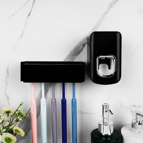 5 Slots Wall Mount Toothbrush Holder with Cover, Self Adhesive Toothbrush Storage Organizer for Shower, Toothbrush Hanger with Automatic Toothpaste Squeezer Dispenser(Black) - color: Black Combination