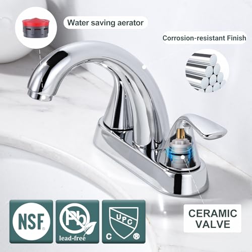 Chrome Bathroom Sink Faucet, 4 Inch Centerset Bathroom Faucet | ALEASHA 2 Handles Vanity Faucet with Pop Up Drain Stopper, RV Lavatory Vanity Faucets with Aesthetic Appeal - color: Chrome