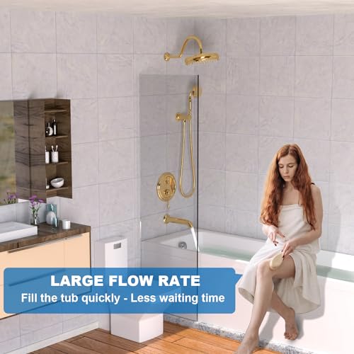 Enga Bright Gold Brass Shower Tub Faucet System Antique 8inch Rainfall Shower with Spout and Hand Spray - color: Bright Gold, style: 8" Head + Tub