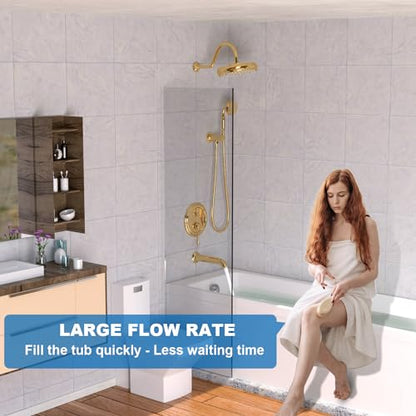 Enga Bright Gold Brass Shower Tub Faucet System Antique 8inch Rainfall Shower with Spout and Hand Spray - color: Bright Gold, style: 8" Head + Tub