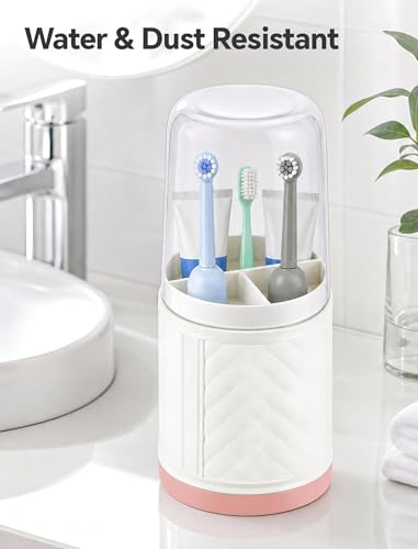 NiHome Covered Toothbrush Holder, 3-Slot PET Organizer with Drain Tray | 9.5 In, 3-Slot Electric Toothbrushes Holder with Clear Cover, Removable Drain Tray, Bathroom Counter Storage Organizer, White
