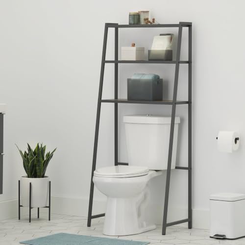 TRINITY 3-Tier Metal Over The Toilet Storage Shelving Rack, Freestanding Bathroom Organizer with Wood Grain Shelves, 27in x 15in x 60in, Dark Gray - color: Dark Gray