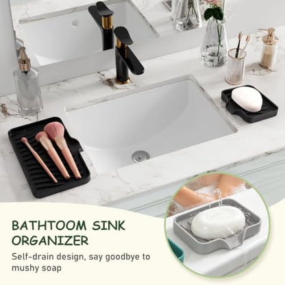 Silicone Soap Dish with Drain Spouts, Bar Soap Holder, Self-Draining Sink Organizer Kitchen Sponge Tray, Non-Slip Dispensers for Bathroom, Kitchen (Light Green, 1 Long + 2 Short) - color: Light Green