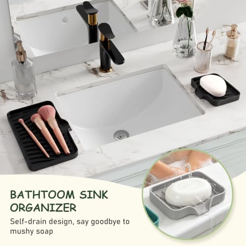 Silicone Soap Dish with Drain Spouts, Bar Soap Holder, Self-Draining Sink Organizer Kitchen Sponge Tray, Non-Slip Dispensers for Bathroom, Kitchen (Deep Green, 1 Long + 2 Short) - color: Deep Green