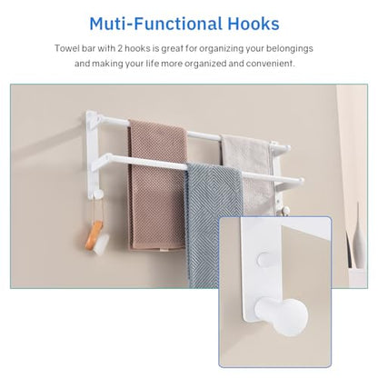 White Double Towel Rack with Hooks, 24 Inch Stainless Steel Towel Rails, Wall Mounted Bathroom Towel Holder - color: White, size: 24-Inch