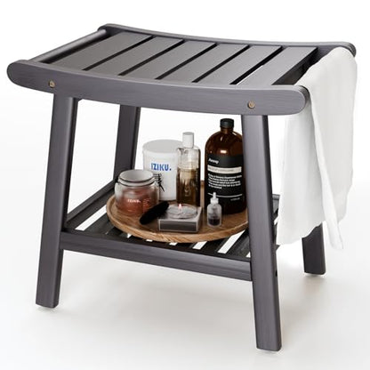 Bamboo Shower Stool Bench,Shower Chair for Inside Shower with Storage Shelf | Grey,Large Storage,Ergonomic Curved Design,A-Shaped Stable Construction,Non-Slip Rubber Feet,Hold 300lbs - color: Grey