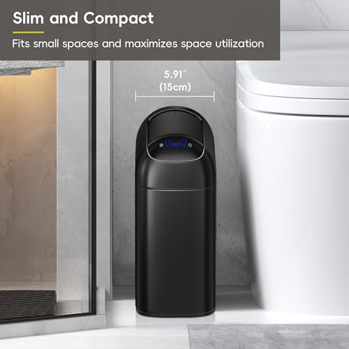 EKO Astro Slim Sensor Trash Can, 10L / 2.6 Gallon Touchless Garbage Bin with Soft-Close Retractable Wing Lid, Motion Sensor Stainless Steel Trash Can for Bathroom and Office, Waterproof, Black - size: Astro 10L-Matte Black