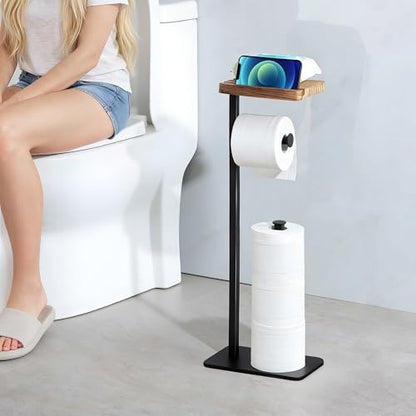 YIGII Toilet Paper Holder Stand with Shelf, Free Standing Toilet Paper Stand with Storage and Dedicated Phone Slot for Bathroom