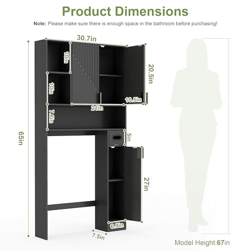 GOODONE Black Over The Toilet Storage Cabinet - with 3 Doors and Toilet Paper Holder Stand, FreeStanding, for Bathroom, Restroom, Laundry - color: Black
