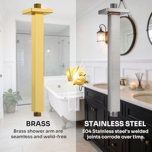 Enga Brass 12 Inch Ceiling Mount Shower Arm and Flange, Square Rain Shower Head Arm, Bright Gold - color: Polished Gold, style: 12 Inch