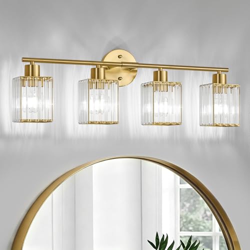 4 Light Bathroom Light Fixtures, Modern Crystal Vanity Lights over Mirror | Metal Frame, Bathroom Light with Square Crystal Shade, ETL Certified, E26 Ceramic Socket, Bulbs Not Included - color: Gold, size: 4-Light