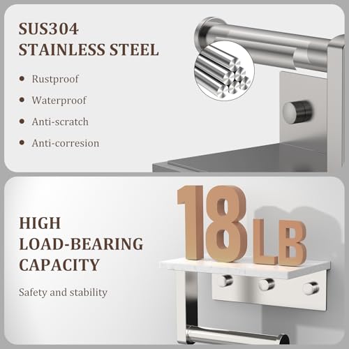 BWE Brushed Nickel Toilet Paper Holder with Marble Shelf Wall Mounted | Toilet Paper Roll Holder with Phone Shelf 304 Stainless Steel Tissue Holder for Bathroom Washroom,Saving Space - color: Brushed Nickel